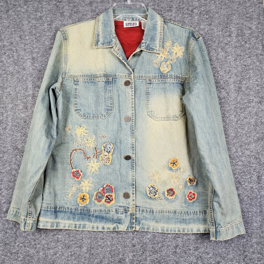 Chicos Design Denim Jacket Womens 1 Blue Floral Embroidered Sequin Art to Wear